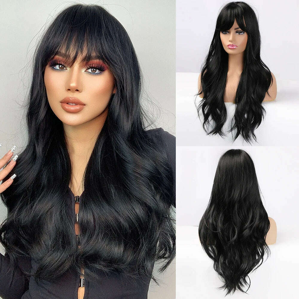 GEMMA Ombre Brown Blonde Long Straight Synthetic Wigs with Bangs Cosplay Wig for Women High Temperature Natural Fake Hair - KIMLUD