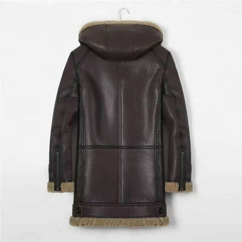 Gentleman 2023 Genuine Sheepskin Shearling Fur Coat with a Hood Male Winter Warm Thick Long Jacket Wool Liner Brown 4XL 5XL 6XL - KIMLUD