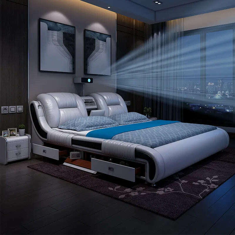 Genuine Leather Bed Multifunctional Beds Ultimate Massage Camas with Bluetooth,Speaker,Safe,Air Cleaner, Projector,Drawers - KIMLUD
