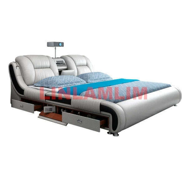 Genuine Leather Bed Multifunctional Beds Ultimate Massage Camas with Bluetooth,Speaker,Safe,Air Cleaner, Projector,Drawers - KIMLUD