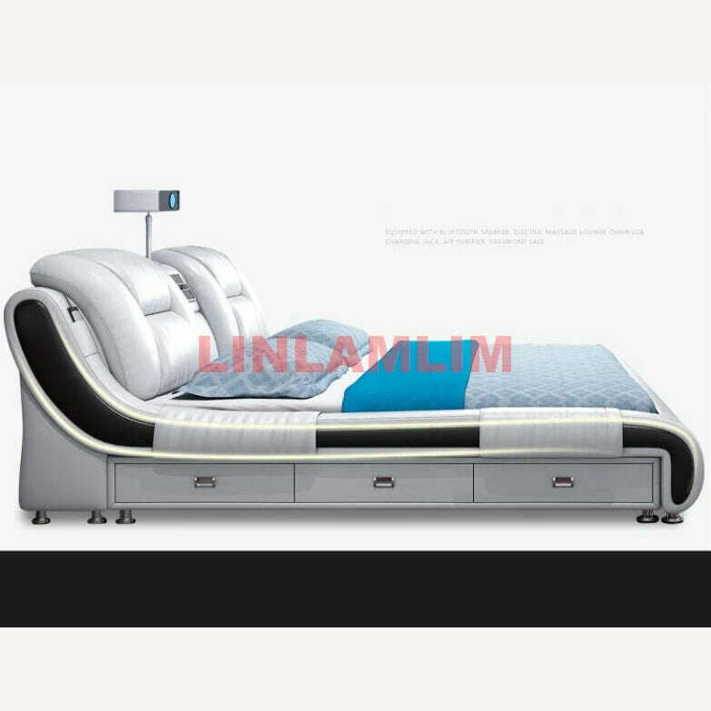 Genuine Leather Bed Multifunctional Beds Ultimate Massage Camas with Bluetooth,Speaker,Safe,Air Cleaner, Projector,Drawers - KIMLUD