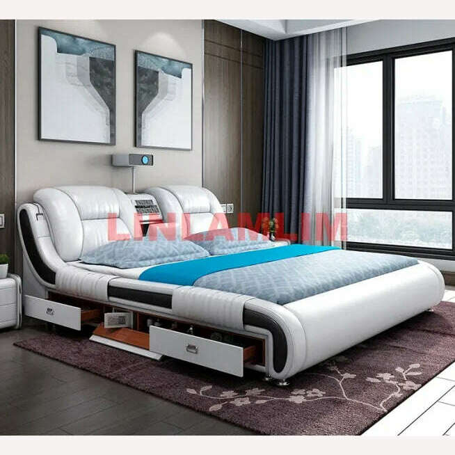 Genuine Leather Bed Multifunctional Beds Ultimate Massage Camas with Bluetooth,Speaker,Safe,Air Cleaner, Projector,Drawers - KIMLUD
