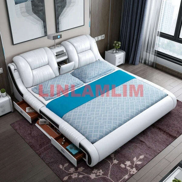 Genuine Leather Bed Multifunctional Beds Ultimate Massage Camas with Bluetooth,Speaker,Safe,Air Cleaner, Projector,Drawers - KIMLUD
