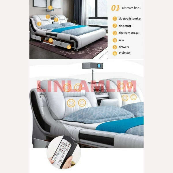 Genuine Leather Bed Multifunctional Beds Ultimate Massage Camas with Bluetooth,Speaker,Safe,Air Cleaner, Projector,Drawers - KIMLUD
