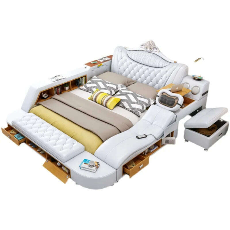 Genuine Leather Tech Smart Bed Multifunctional Beds Ultimate Massage Camas Upholstered Bed with Bluetooth,Speaker,Massager,USB C - KIMLUD