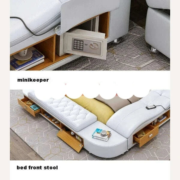 Genuine Leather Tech Smart Bed Multifunctional Beds Ultimate Massage Camas Upholstered Bed with Bluetooth,Speaker,Massager,USB C - KIMLUD