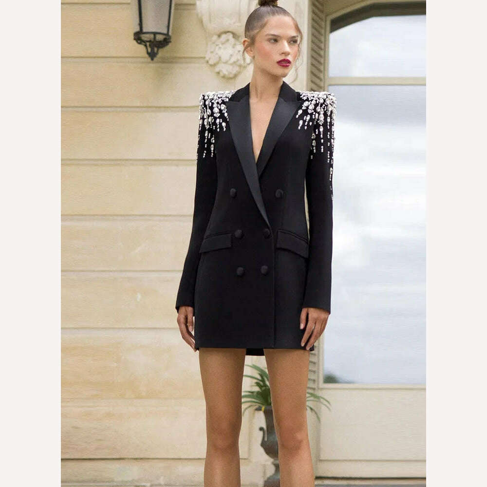 GetSpring Women Blazer 2023 Autumn Winter Double Breasted Full Sleeve Ladies Black Blazer Coat Fashion Women's Slim Suit Jacket - KIMLUD
