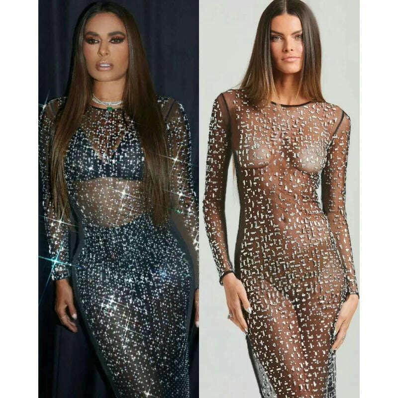 Glitter Female Cover up Maxi Dress Mesh See-Through Split Fashion Long Sleeve Slim Sexy Beach Cover up Dress For Women New - KIMLUD