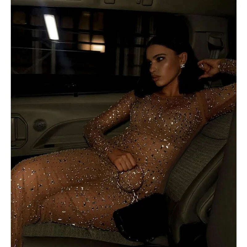 Glitter Female Cover up Maxi Dress Mesh See-Through Split Fashion Long Sleeve Slim Sexy Beach Cover up Dress For Women New - KIMLUD