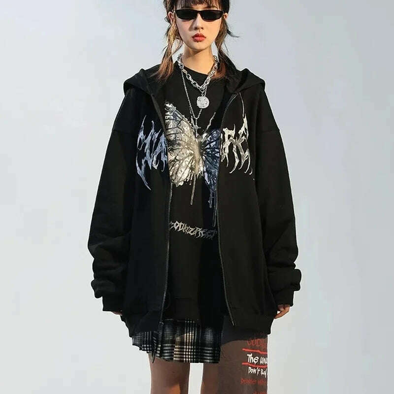 Gothic Graphic Print Jackets Women Y2K Zip Up Hoodies Streetwear Sweatshirts Hip Hop Tops Loose Harajuku Casual Coats - KIMLUD