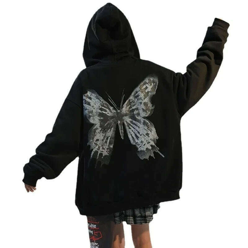 Gothic Graphic Print Jackets Women Y2K Zip Up Hoodies Streetwear Sweatshirts Hip Hop Tops Loose Harajuku Casual Coats - KIMLUD