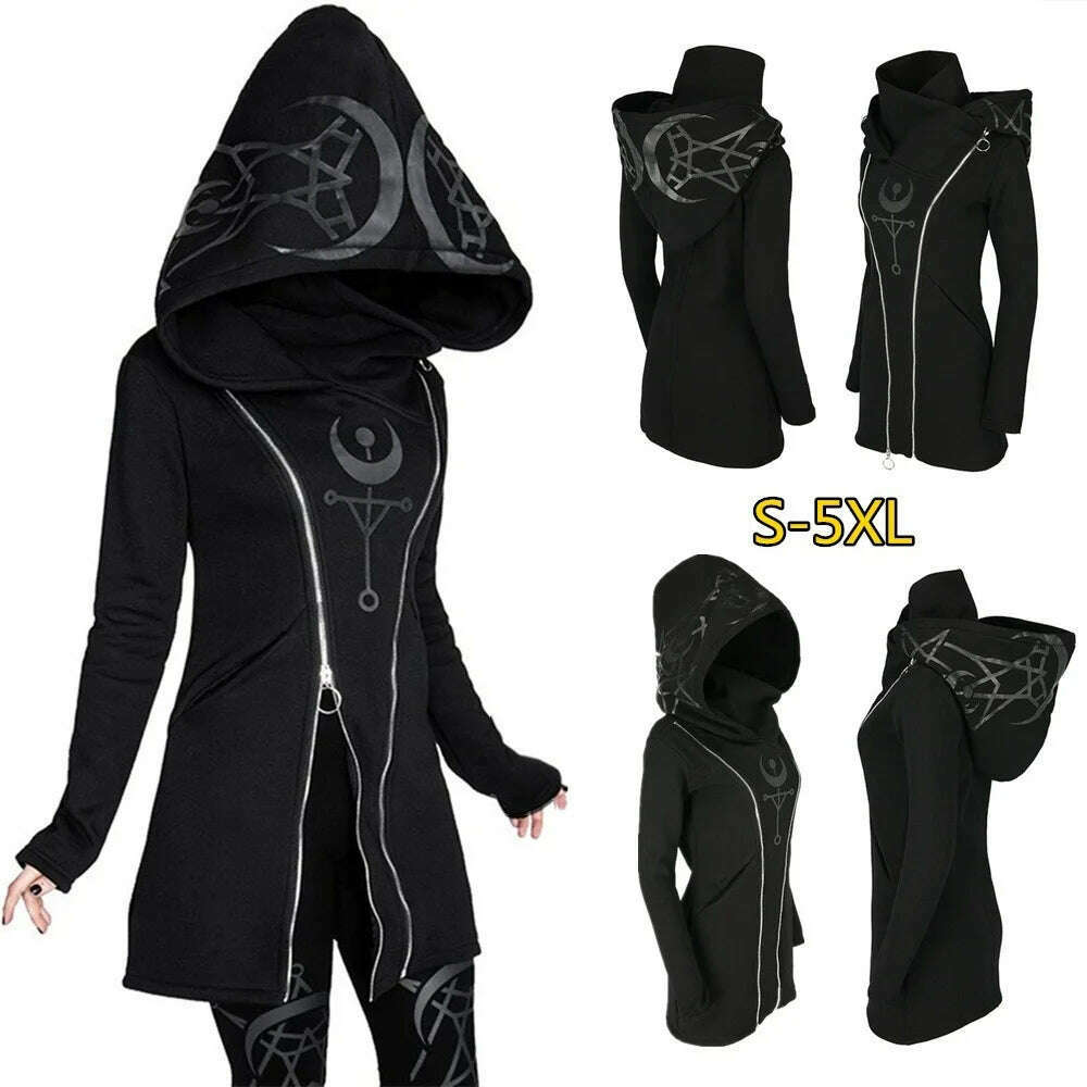 Gothic Punk Print Long-sleeved Top Harajuku Retro Hooded Double Zipper Long Sweater 2022 New Autumn and Winter Women's Tops Emo - KIMLUD
