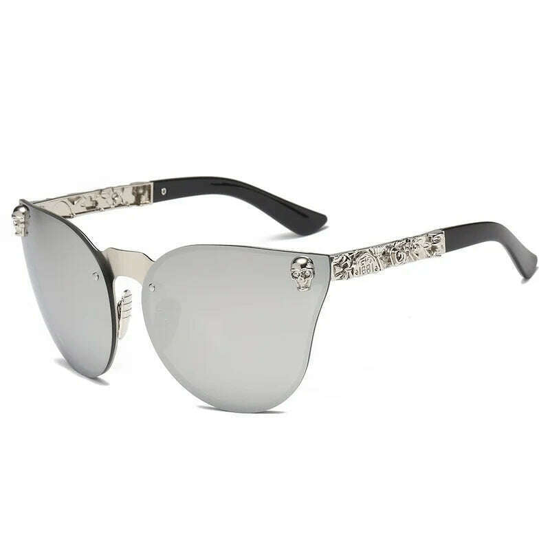 Gothic Skull Sunglasses Women Men Rimless Cat Eye with Skull Head Rhinestone Mirrored Ladies Sun Glasses Punk Metal Shades - KIMLUD