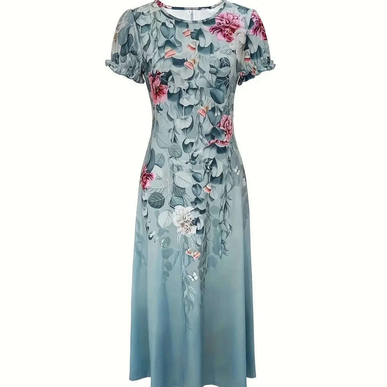 KIMLUD, Green printed round neck long dress elegant short sleeved dress for spring and summer comfortable fit women's clothing, KIMLUD Womens Clothes