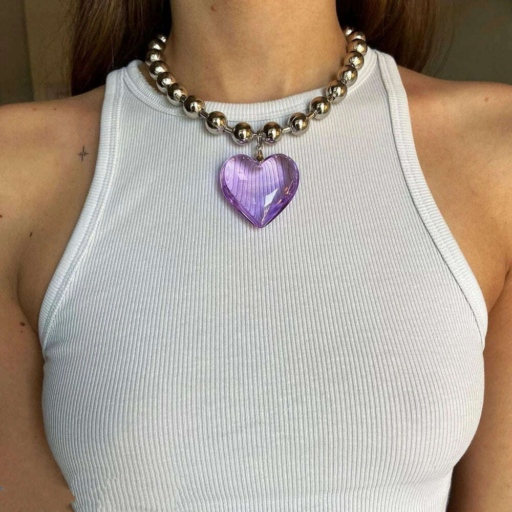 Grunge Fashion Glass Heart Pendant Necklace Y2K Oversize Ball Beads Chain Statement Choker Necklace for Women Club Punk Jewelry - KIMLUD