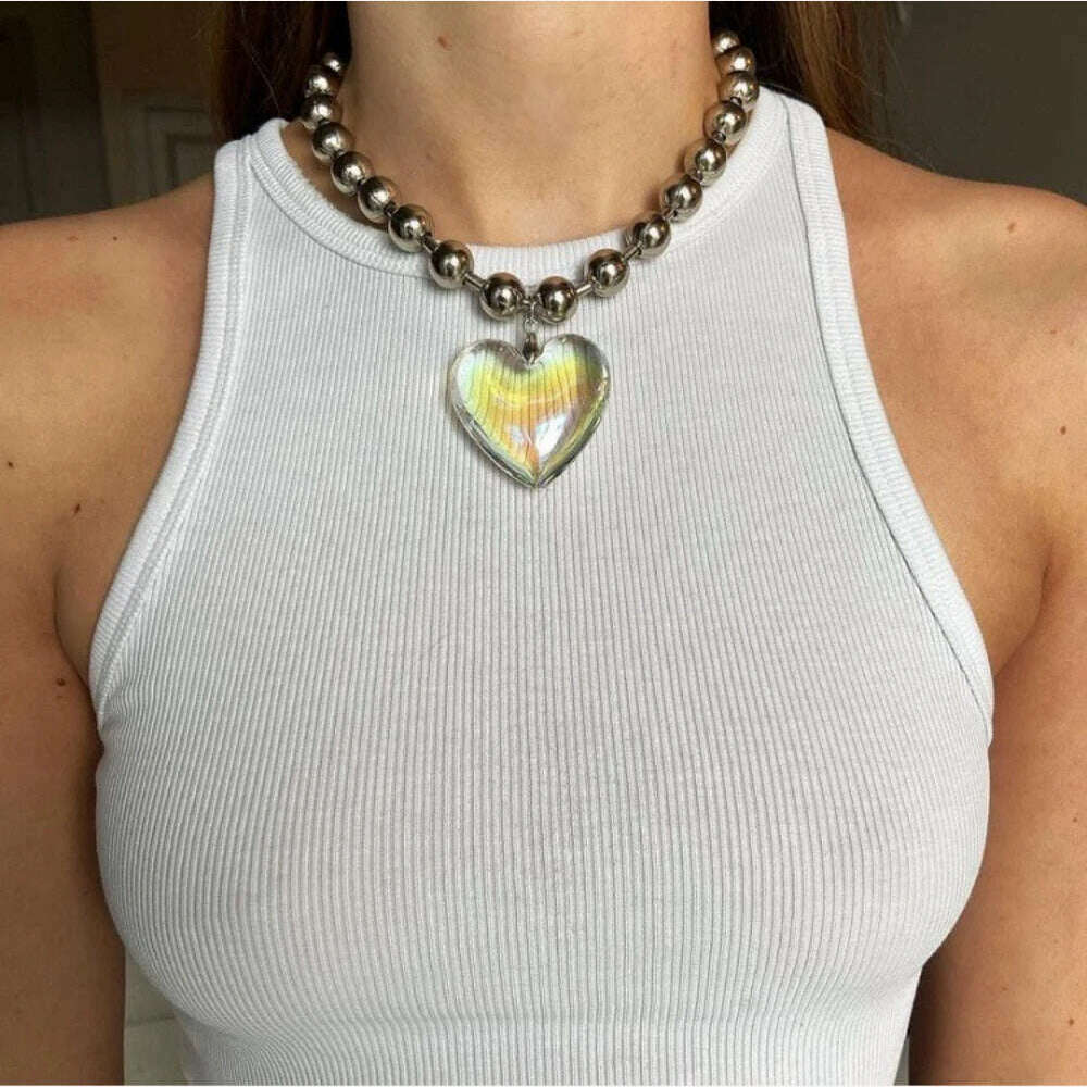 Grunge Fashion Glass Heart Pendant Necklace Y2K Oversize Ball Beads Chain Statement Choker Necklace for Women Club Punk Jewelry - KIMLUD