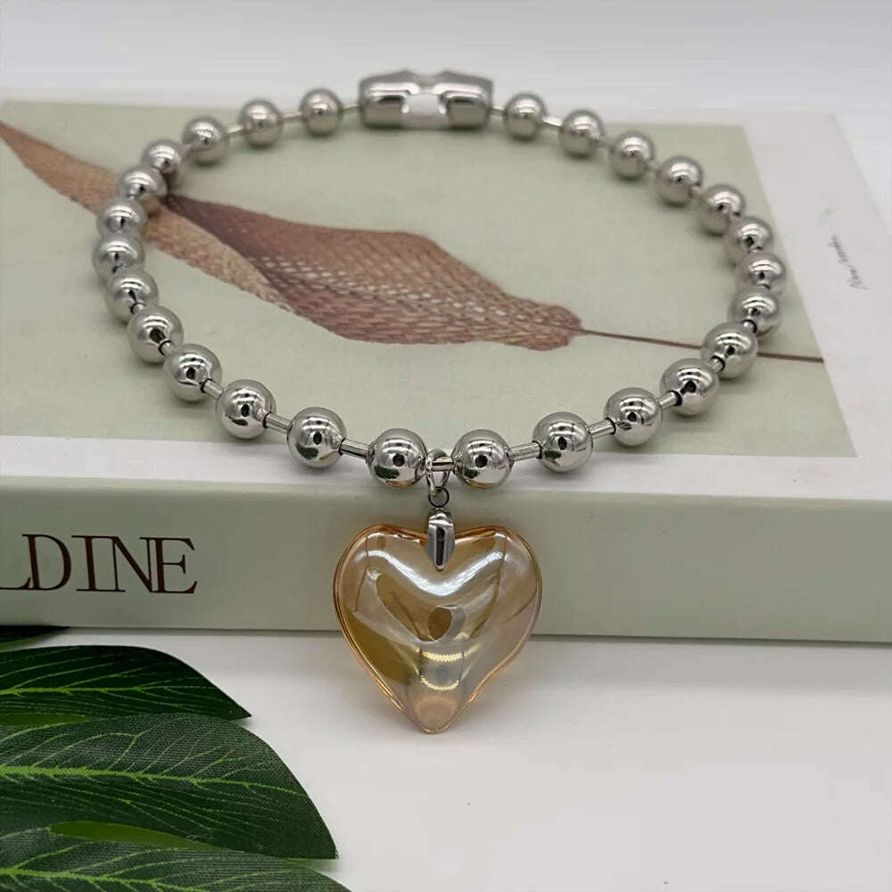 Grunge Fashion Glass Heart Pendant Necklace Y2K Oversize Ball Beads Chain Statement Choker Necklace for Women Club Punk Jewelry - KIMLUD