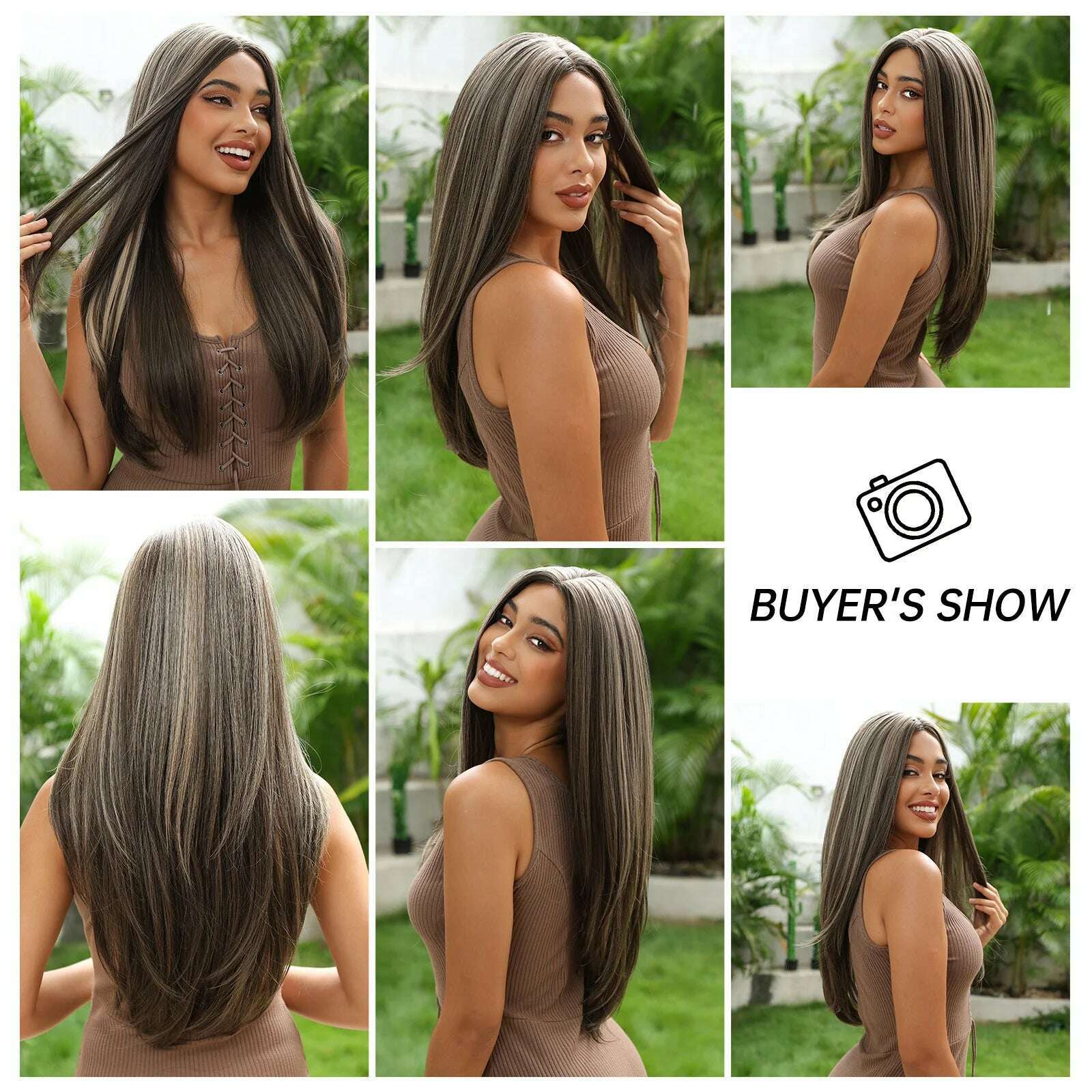 HAIRCUBE Long Straight Brown Mixed Blonde Highlight Synthetic Wigs Natural Hairline Lace Front Wigs for Women Daily Cosplay Hair - KIMLUD