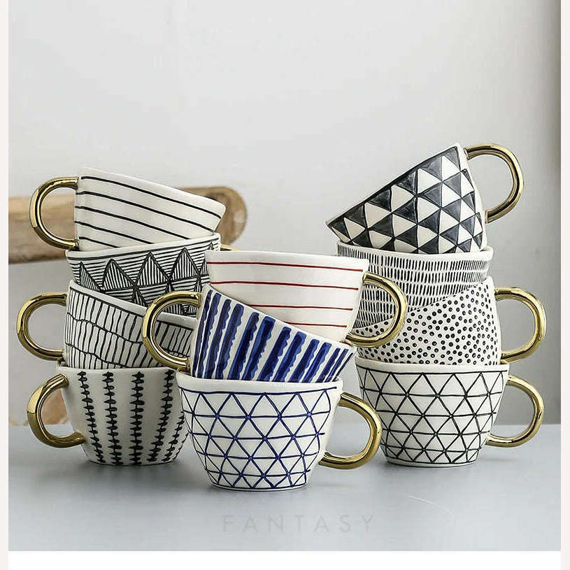 KIMLUD, Hand Painted Geometric Ceramic Mugs With Gold Handle Handmade Irregular Cups For Coffee Tea Milk Oatmeal Creative Birthday Gifts, KIMLUD Womens Clothes