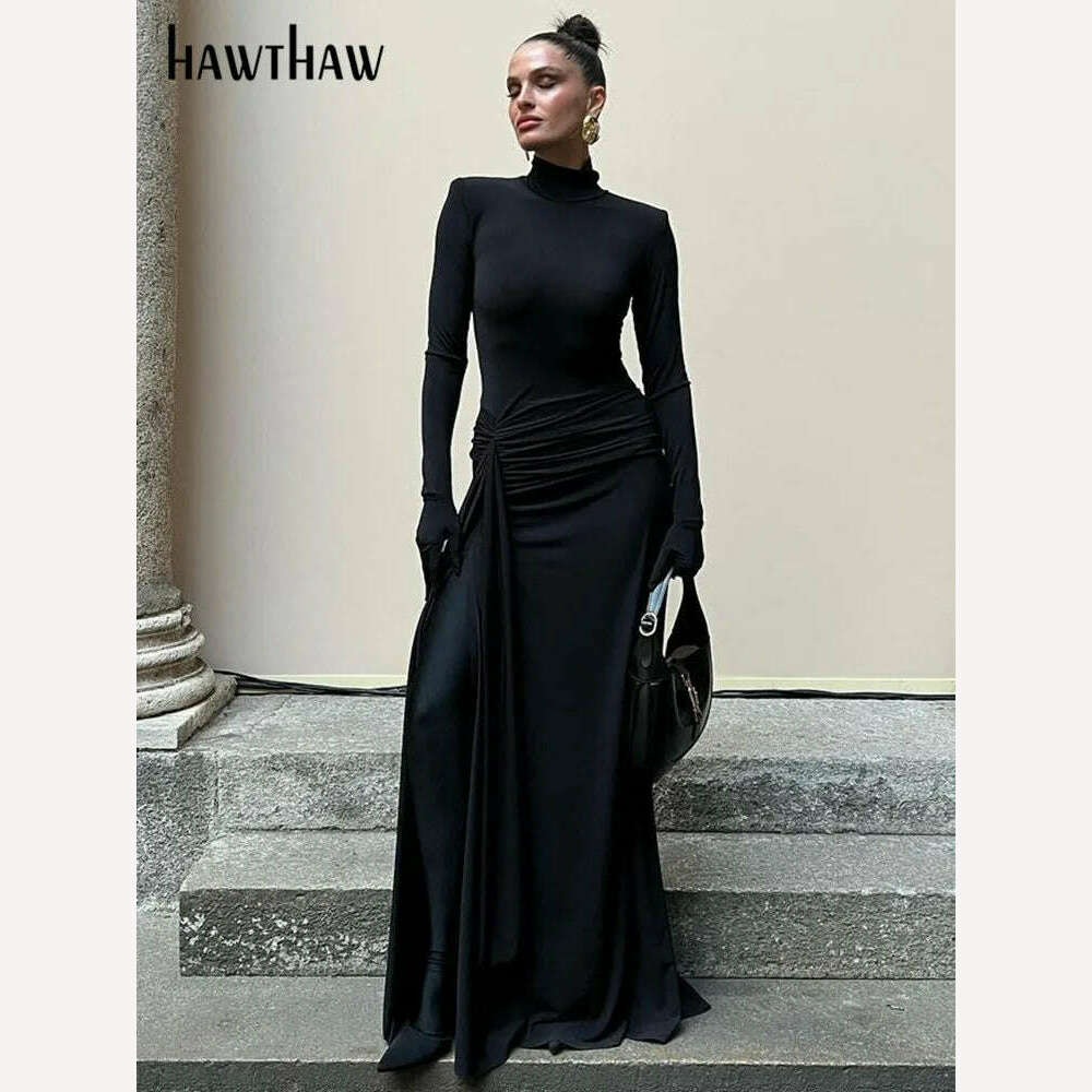 Hawthaw Women 2024 Spring Autumn Long Sleeve Elegant Streetwear Bodycon Black Long Dress Wholesale Items For Business - KIMLUD