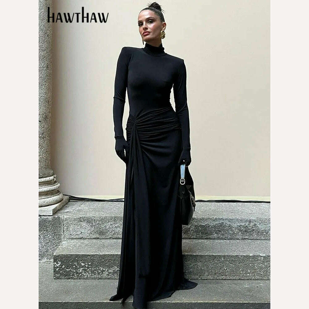 Hawthaw Women 2024 Spring Autumn Long Sleeve Elegant Streetwear Bodycon Black Long Dress Wholesale Items For Business - KIMLUD