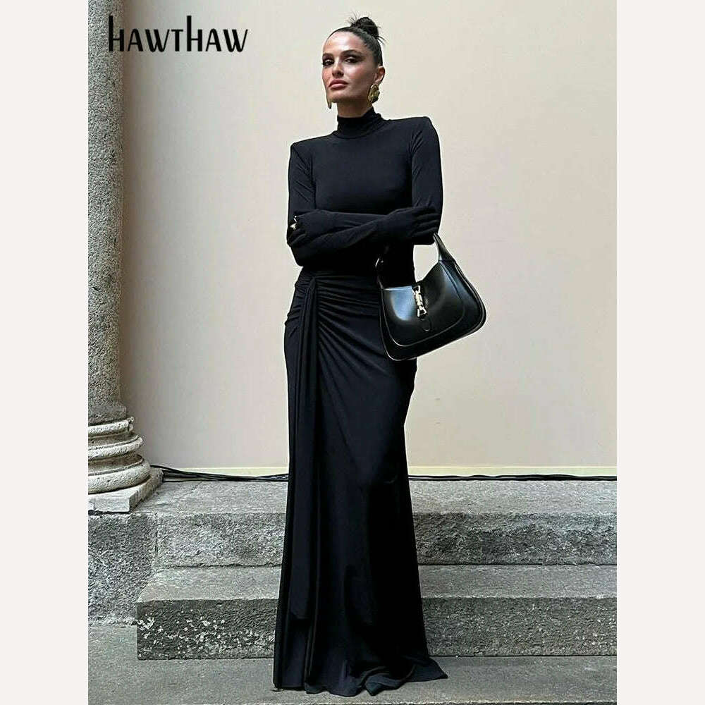 Hawthaw Women 2024 Spring Autumn Long Sleeve Elegant Streetwear Bodycon Black Long Dress Wholesale Items For Business - KIMLUD