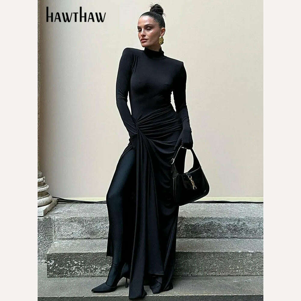 Hawthaw Women 2024 Spring Autumn Long Sleeve Elegant Streetwear Bodycon Black Long Dress Wholesale Items For Business - KIMLUD