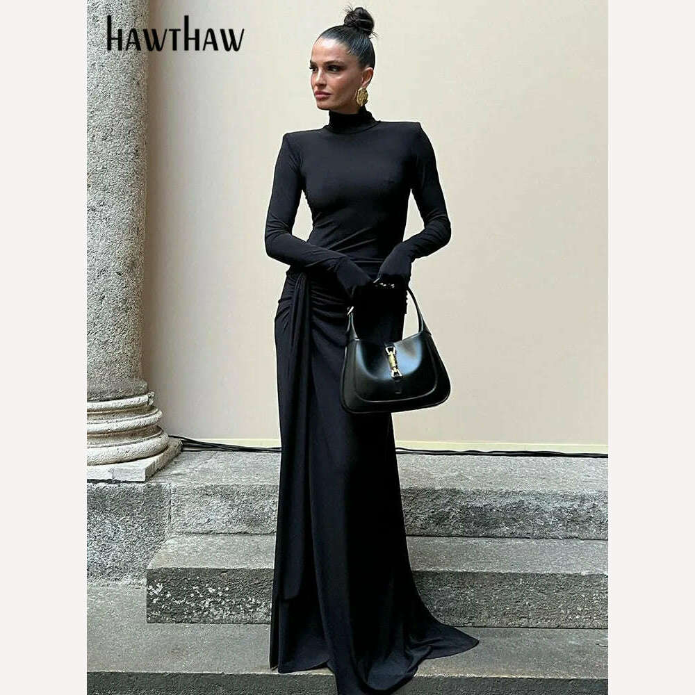 Hawthaw Women 2024 Spring Autumn Long Sleeve Elegant Streetwear Bodycon Black Long Dress Wholesale Items For Business - KIMLUD