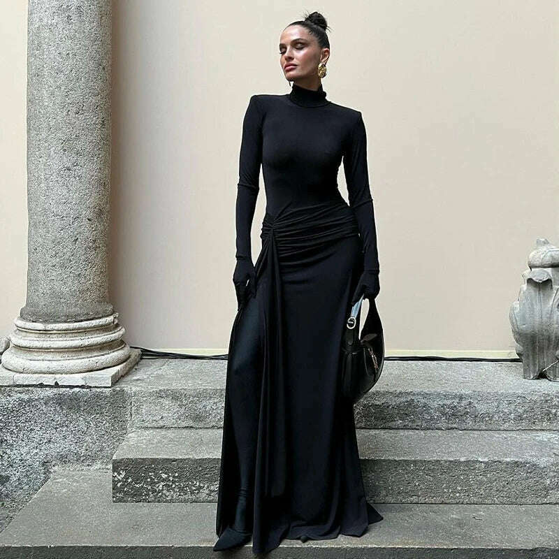 Hawthaw Women 2024 Spring Autumn Long Sleeve Elegant Streetwear Bodycon Black Long Dress Wholesale Items For Business - KIMLUD