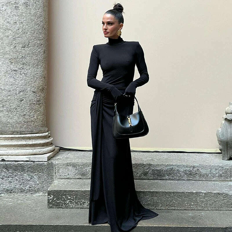 Hawthaw Women 2024 Spring Autumn Long Sleeve Elegant Streetwear Bodycon Black Long Dress Wholesale Items For Business - KIMLUD