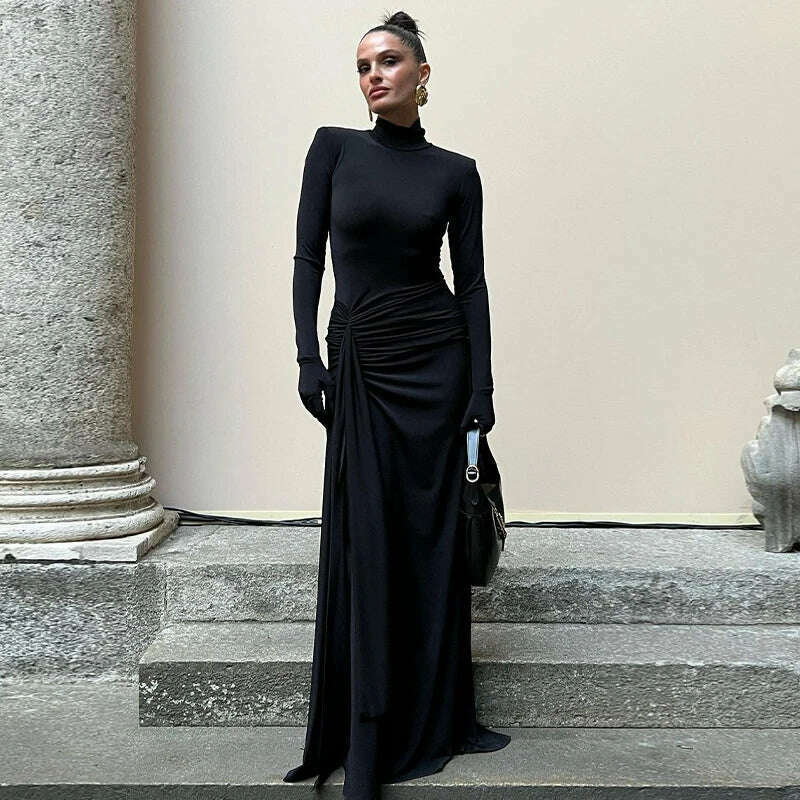 Hawthaw Women 2024 Spring Autumn Long Sleeve Elegant Streetwear Bodycon Black Long Dress Wholesale Items For Business - KIMLUD