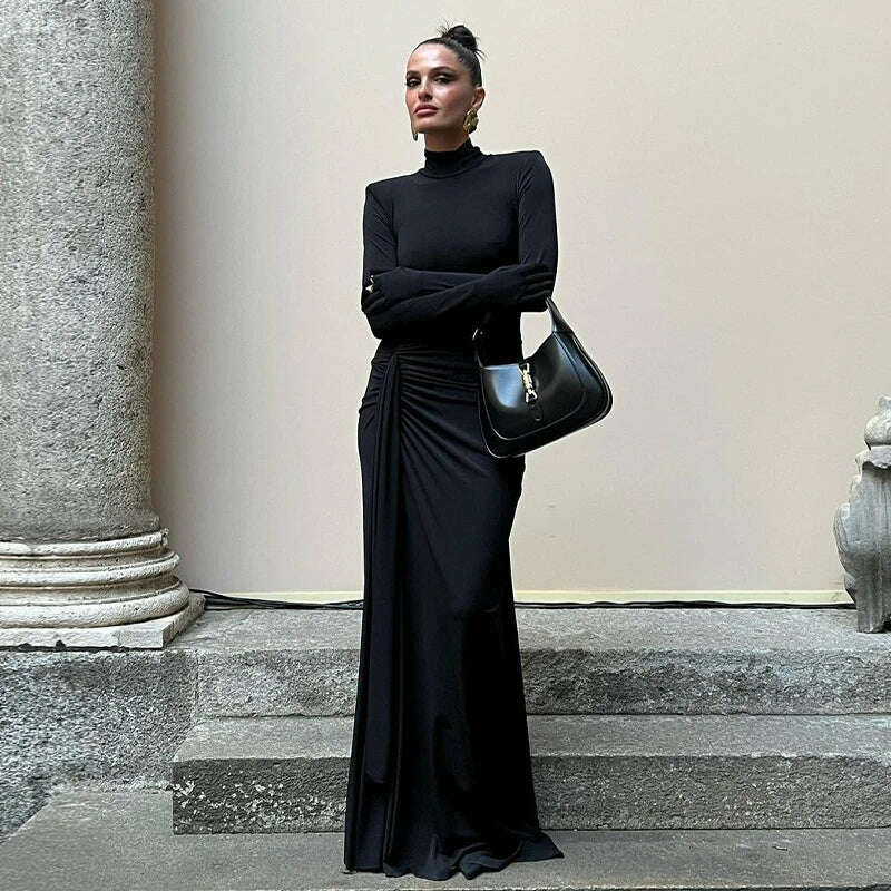 Hawthaw Women 2024 Spring Autumn Long Sleeve Elegant Streetwear Bodycon Black Long Dress Wholesale Items For Business - KIMLUD