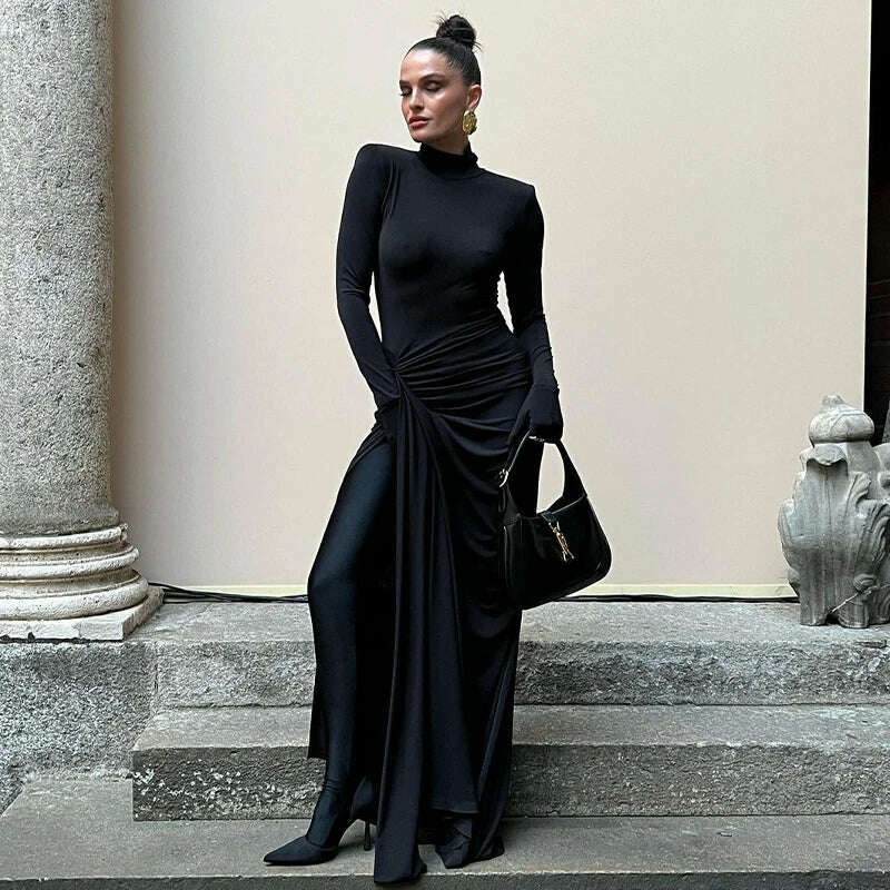 Hawthaw Women 2024 Spring Autumn Long Sleeve Elegant Streetwear Bodycon Black Long Dress Wholesale Items For Business - KIMLUD
