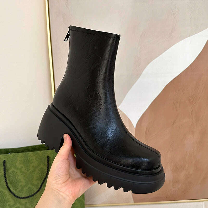 Heihaian Short Boots 2023 Fall New Thick Soled Round Head Zipper Boots Retro Style Commuter Ankle Boots For Women - KIMLUD