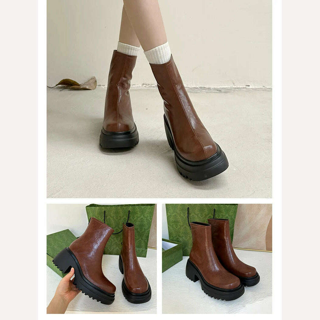 Heihaian Short Boots 2023 Fall New Thick Soled Round Head Zipper Boots Retro Style Commuter Ankle Boots For Women - KIMLUD