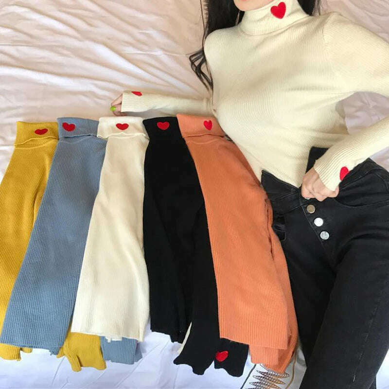 HELIAR Women Turtleneck Knit Warm Sweaters Heart Embroidered Pullover Slim Bottoming Causal Sweater For Women 2023 Fall Winter - KIMLUD