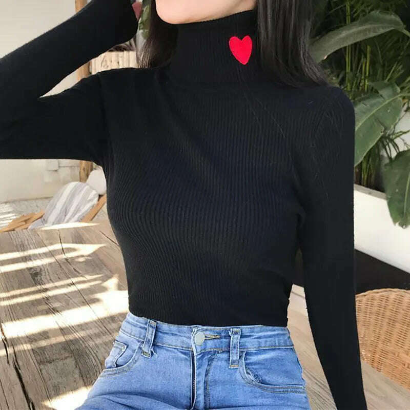 HELIAR Women Turtleneck Knit Warm Sweaters Heart Embroidered Pullover Slim Bottoming Causal Sweater For Women 2023 Fall Winter - KIMLUD
