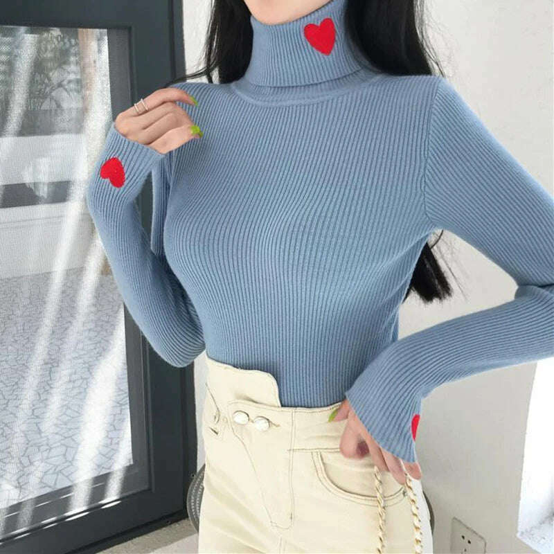 HELIAR Women Turtleneck Knit Warm Sweaters Heart Embroidered Pullover Slim Bottoming Causal Sweater For Women 2023 Fall Winter - KIMLUD