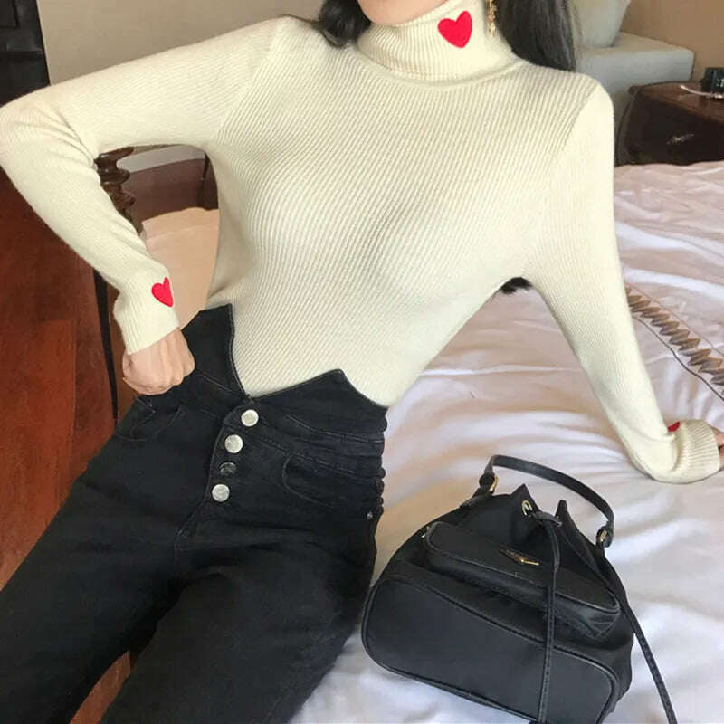 HELIAR Women Turtleneck Knit Warm Sweaters Heart Embroidered Pullover Slim Bottoming Causal Sweater For Women 2023 Fall Winter - KIMLUD