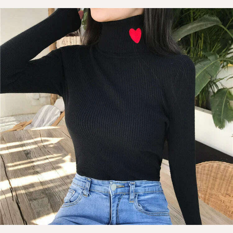 HELIAR Women Turtleneck Knit Warm Sweaters Heart Embroidered Pullover Slim Bottoming Causal Sweater For Women 2023 Fall Winter - KIMLUD