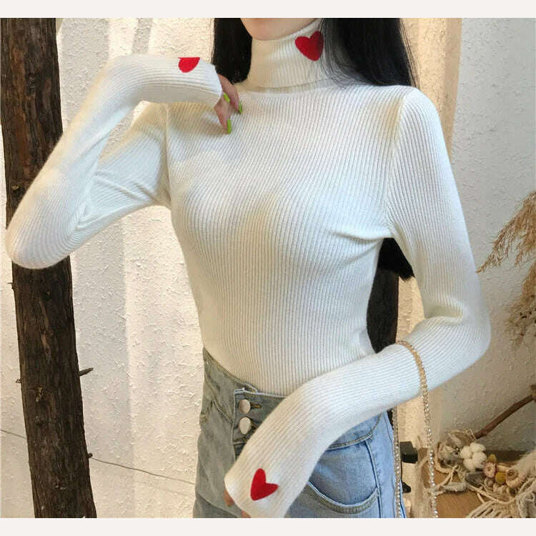 HELIAR Women Turtleneck Knit Warm Sweaters Heart Embroidered Pullover Slim Bottoming Causal Sweater For Women 2023 Fall Winter - KIMLUD