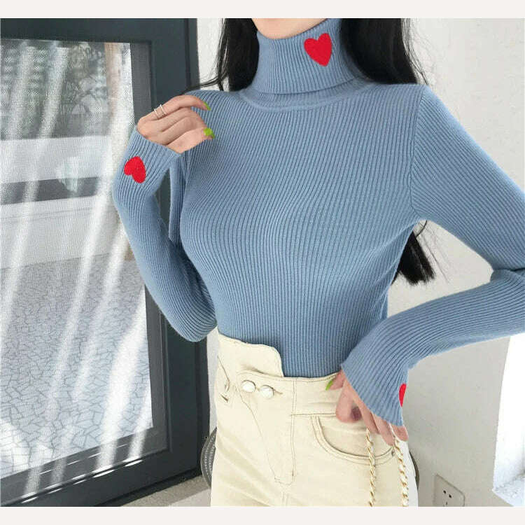HELIAR Women Turtleneck Knit Warm Sweaters Heart Embroidered Pullover Slim Bottoming Causal Sweater For Women 2023 Fall Winter - KIMLUD