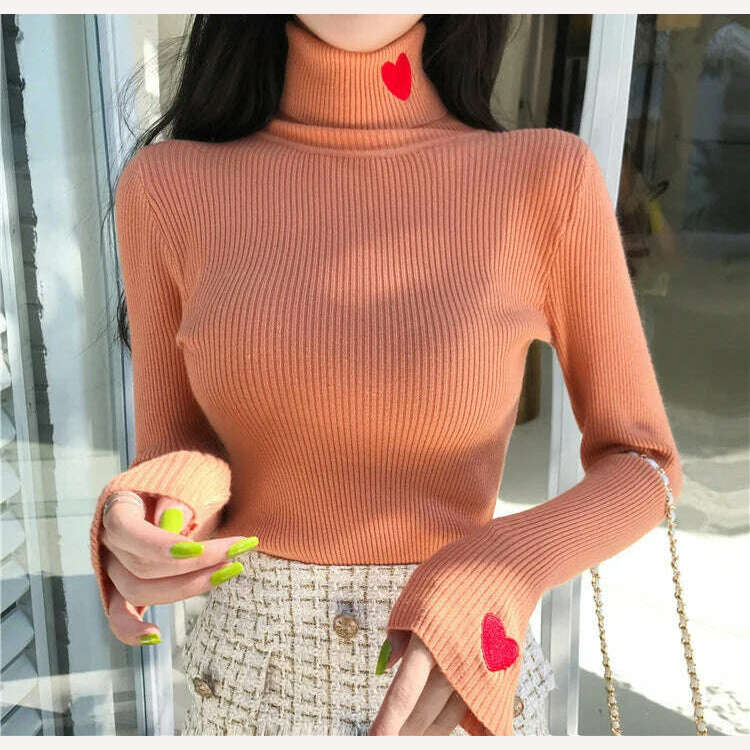 HELIAR Women Turtleneck Knit Warm Sweaters Heart Embroidered Pullover Slim Bottoming Causal Sweater For Women 2023 Fall Winter - KIMLUD