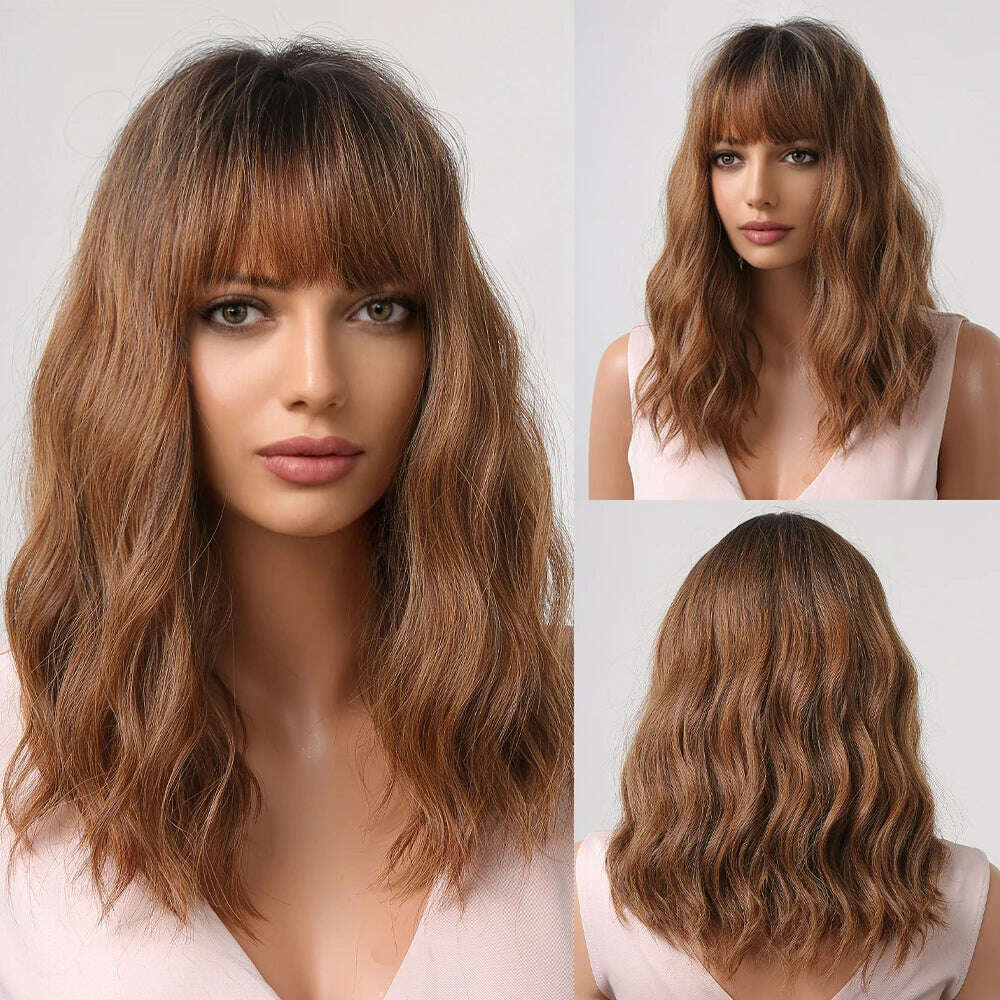KIMLUD, HENRY MARGU Red Copper Ginger Synthetic Wigs with Bangs Medium Water Wave Natural Bob Daily Hair Wigs for Women Heat Resistant, KIMLUD Womens Clothes