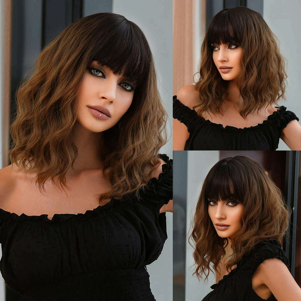 KIMLUD, HENRY MARGU Red Copper Ginger Synthetic Wigs with Bangs Medium Water Wave Natural Bob Daily Hair Wigs for Women Heat Resistant, KIMLUD Womens Clothes