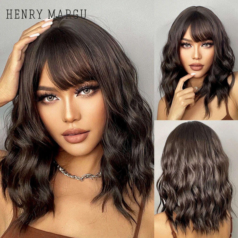 KIMLUD, HENRY MARGU Red Copper Ginger Synthetic Wigs with Bangs Medium Water Wave Natural Bob Daily Hair Wigs for Women Heat Resistant, KIMLUD Womens Clothes