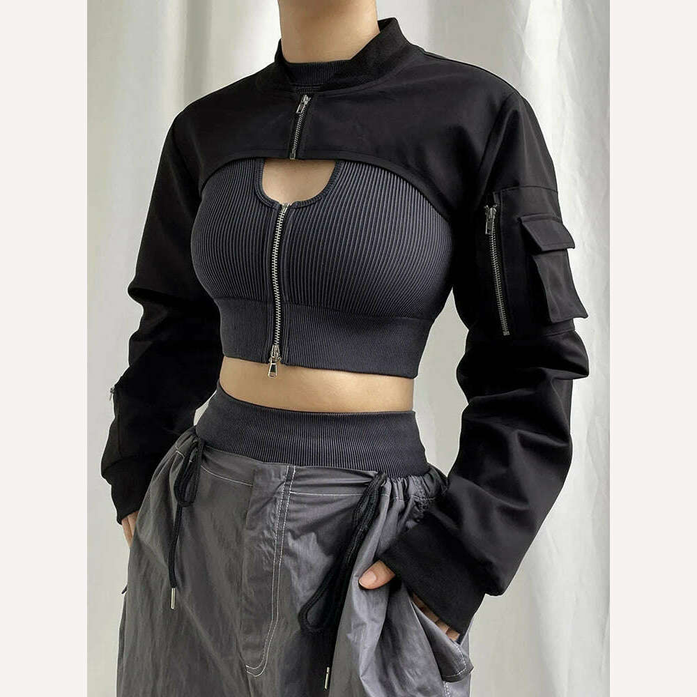 HEYounGIRL Super-short Black Jacket Zipper Long Sleeve Harajuku Cropped Tshirt Gothic Techwear Fashion Korean Tee Punk Street - KIMLUD