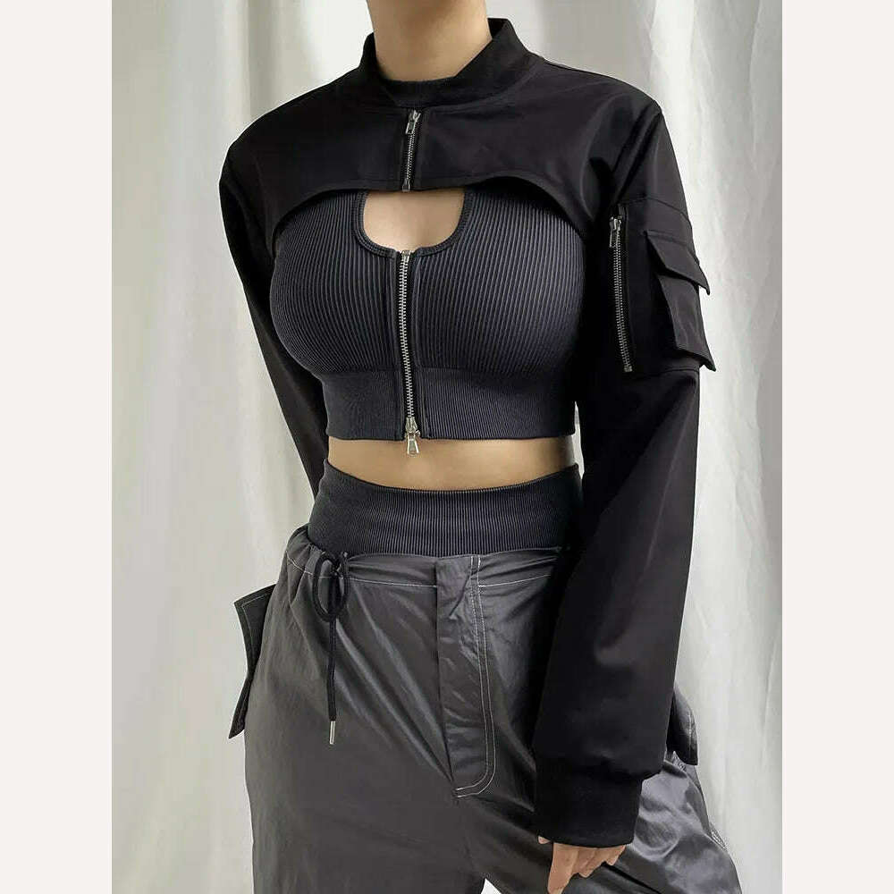 HEYounGIRL Super-short Black Jacket Zipper Long Sleeve Harajuku Cropped Tshirt Gothic Techwear Fashion Korean Tee Punk Street - KIMLUD