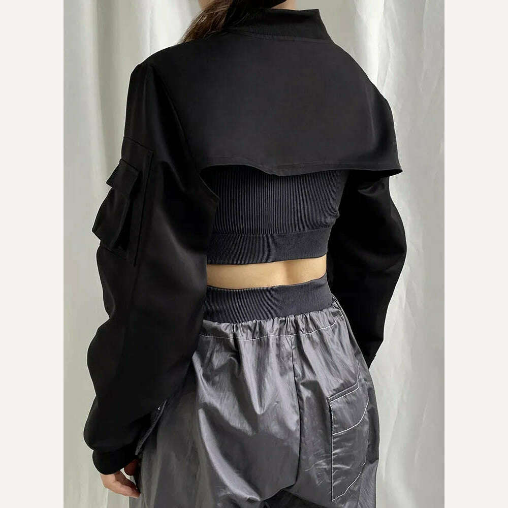 HEYounGIRL Super-short Black Jacket Zipper Long Sleeve Harajuku Cropped Tshirt Gothic Techwear Fashion Korean Tee Punk Street - KIMLUD