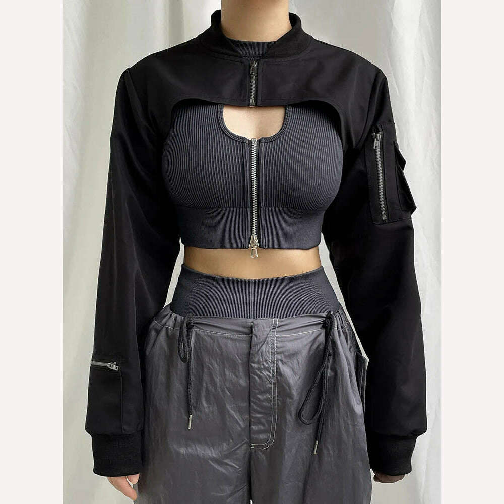 HEYounGIRL Super-short Black Jacket Zipper Long Sleeve Harajuku Cropped Tshirt Gothic Techwear Fashion Korean Tee Punk Street - KIMLUD